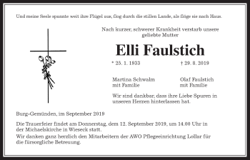 Traueranzeige von Elli Faulstich von Giessener Allgemeine, Alsfelder Allgemeine