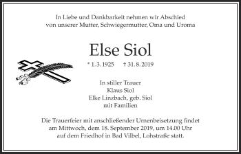 Traueranzeige von Else Siol von Bad Vilbel/Karben