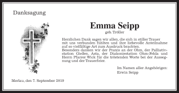 Traueranzeige von Emma Seipp von Giessener Allgemeine, Alsfelder Allgemeine