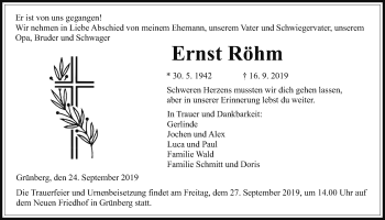 Traueranzeige von Ernst Röhm von Giessener Allgemeine, Alsfelder Allgemeine