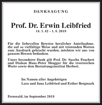 Traueranzeige von Erwin Leibfried von Giessener Allgemeine, Alsfelder Allgemeine