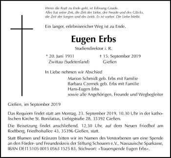 Traueranzeige von Eugen Erbs von Alsfelder Allgemeine, Giessener Allgemeine