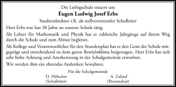 Traueranzeige von Eugen Ludwig Josef Erbs von Giessener Allgemeine, Alsfelder Allgemeine