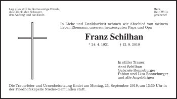 Traueranzeige von Franz Schilhan von Alsfelder Allgemeine