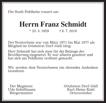 Traueranzeige von Franz Schmidt von Pohlheimer Nachrichten