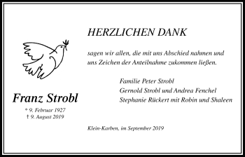 Traueranzeige von Franz Strobl von Bad Vilbel/Karben