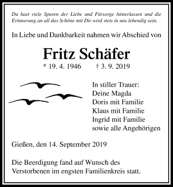 Traueranzeige von Fritz Schäfer von Giessener Allgemeine, Alsfelder Allgemeine