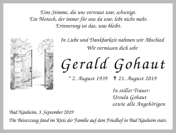 Traueranzeige von Gerald Gohaut von Wetterauer Zeitung