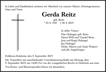 Traueranzeige von Gerda Reitz von Giessener Allgemeine, Alsfelder Allgemeine