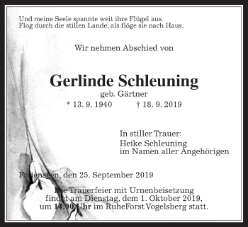 Traueranzeige von Gerlinde Schleuning von Laubacher Anzeiger
