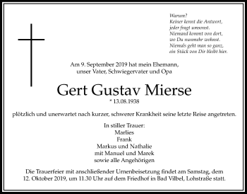 Traueranzeige von Gert Gustav Mierse von Bad Vilbel/Karben