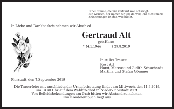 Traueranzeige von Getraud Alt von Wetterauer Zeitung