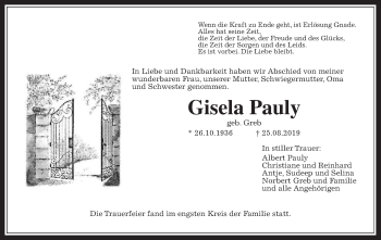 Traueranzeige von Gisela Pauly von Wetterauer Zeitung