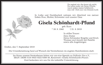 Traueranzeige von Gisela Schönhardt-Pfund von Giessener Allgemeine, Alsfelder Allgemeine