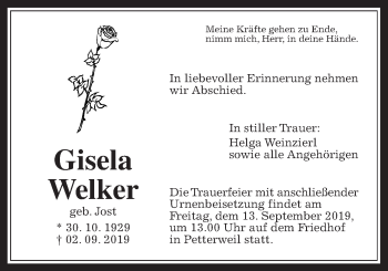 Traueranzeige von Gisela Welker von Wetterauer Zeitung