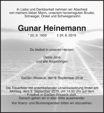 Traueranzeige von Gunar Heinemann von Giessener Allgemeine, Alsfelder Allgemeine