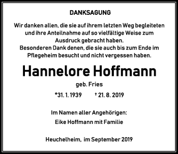 Traueranzeige von Hannelore Hoffmann von Giessener Allgemeine, Alsfelder Allgemeine