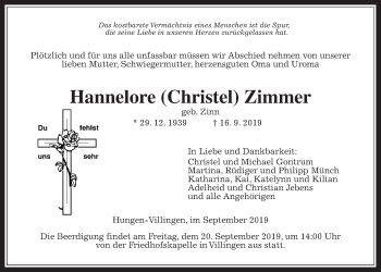 Traueranzeige von Hannelore Zimmer von Giessener Allgemeine, Alsfelder Allgemeine