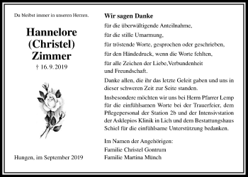 Traueranzeige von Hannelore Zimmer von Giessener Allgemeine, Alsfelder Allgemeine