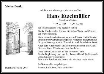 Traueranzeige von Hans Etzelmüller von Giessener Allgemeine, Alsfelder Allgemeine