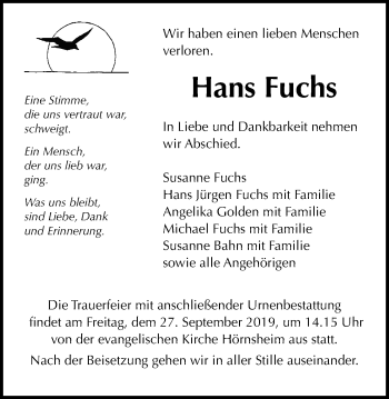 Traueranzeige von Hans Fuchs von Alsfelder Allgemeine, Giessener Allgemeine