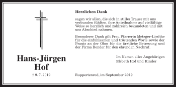 Traueranzeige von Hans-Jürgen Hof von Giessener Allgemeine, Alsfelder Allgemeine
