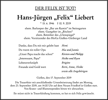 Traueranzeige von Hans-Jürgen Liebert von Giessener Allgemeine, Alsfelder Allgemeine