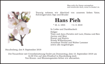 Traueranzeige von Hans Pieh von Giessener Allgemeine, Alsfelder Allgemeine