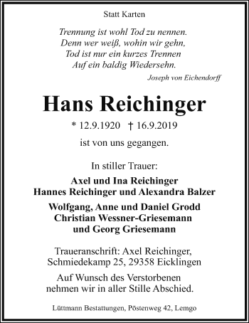 Traueranzeige von Hans Reichinger von Wetterauer Zeitung