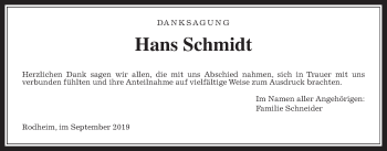 Traueranzeige von Hans Schmidt von Wetterauer Zeitung