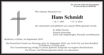 Traueranzeige von Hans Schmidt von Wetterauer Zeitung