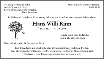 Traueranzeige von Hans Willi Rinn von Giessener Allgemeine, Alsfelder Allgemeine