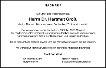 Traueranzeige von Hartmut Groß von Bad Vilbel/Karben