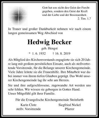 Traueranzeige von Hedwig Becker von Wetterauer Zeitung