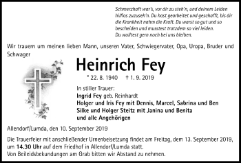 Traueranzeige von Heinrich Fey von Giessener Allgemeine, Alsfelder Allgemeine