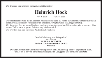 Traueranzeige von Heinrich Hock von Giessener Allgemeine, Alsfelder Allgemeine