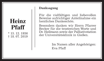 Traueranzeige von Heinz Pfaff von Giessener Allgemeine, Alsfelder Allgemeine