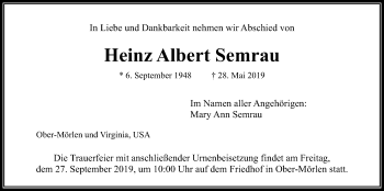 Traueranzeige von Heinz Albert Semrau von Wetterauer Zeitung