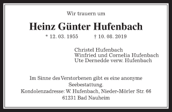 Traueranzeige von Heinz Günter Hufenbach von Wetterauer Zeitung