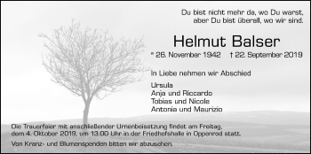 Traueranzeige von Helmut Balser von Giessener Allgemeine, Alsfelder Allgemeine