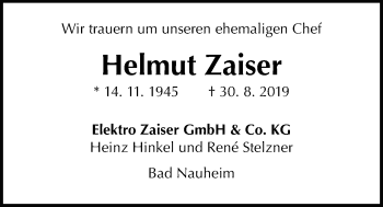 Traueranzeige von Helmut Zaiser von Wetterauer Zeitung