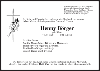 Traueranzeige von Henny Börger von Alsfelder Allgemeine, Mücker Stimme