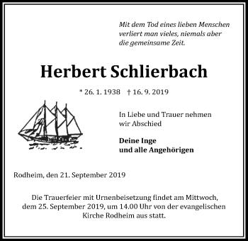 Traueranzeige von Herbert Schlierbach von Giessener Allgemeine, Alsfelder Allgemeine