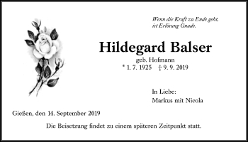 Traueranzeige von Hildegard Balser von Giessener Allgemeine, Alsfelder Allgemeine