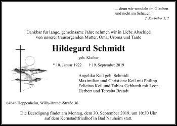 Traueranzeige von Hildegard Schmidt von Wetterauer Zeitung