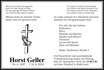 Traueranzeige von Horst Geller von Wetterauer Zeitung