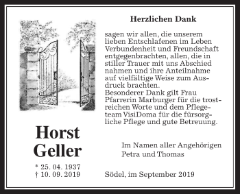 Traueranzeige von Horst Geller von Wetterauer Zeitung