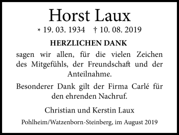 Traueranzeige von Horst Laux von Pohlheimer Nachrichten