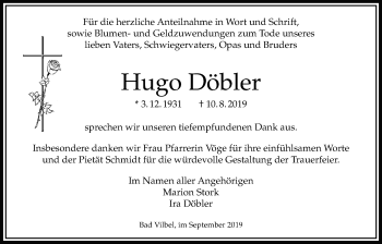 Traueranzeige von Hugo Döbler von Bad Vilbel/Karben