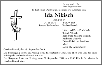 Traueranzeige von Ida Nikisch von Giessener Allgemeine, Alsfelder Allgemeine